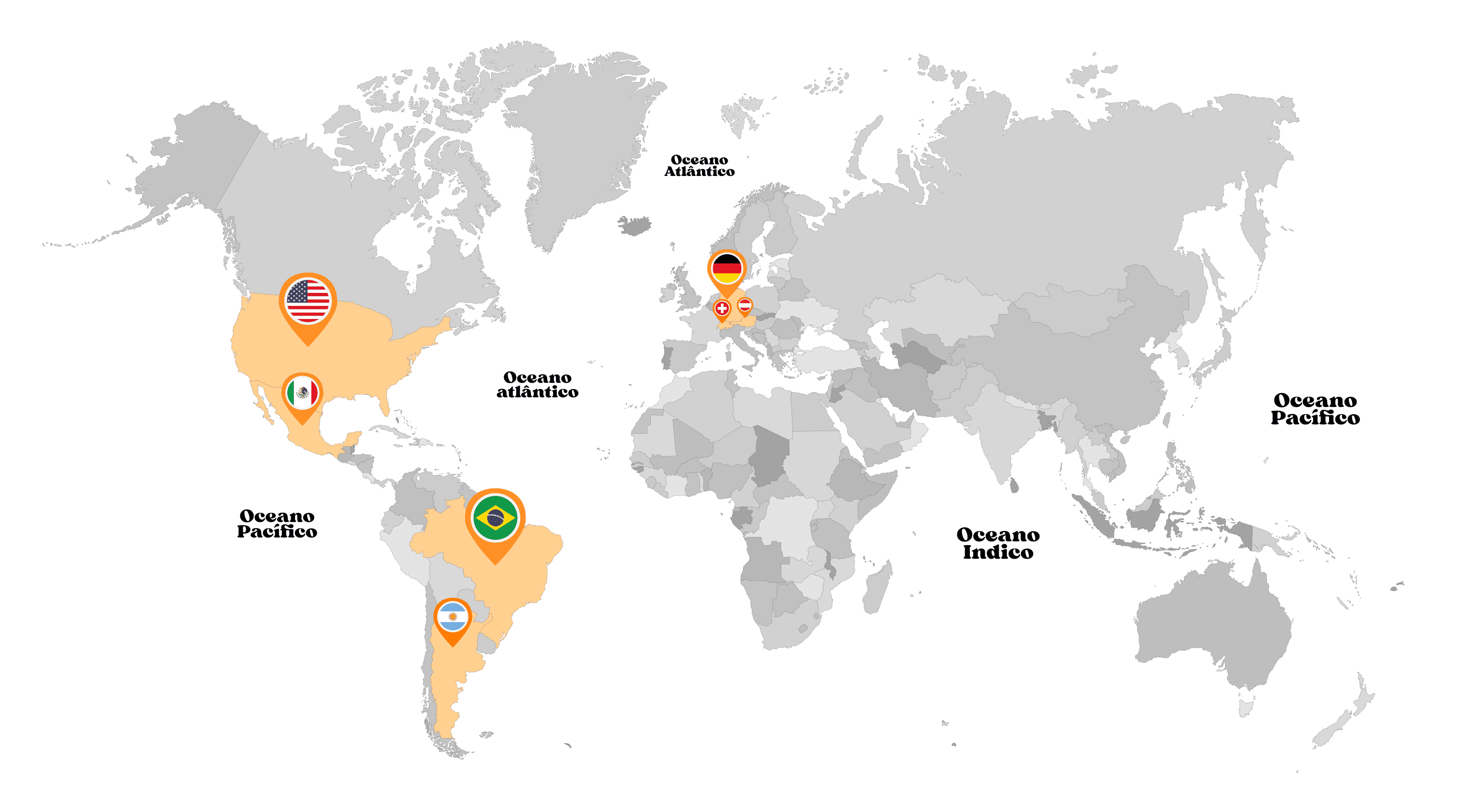 Mapa-múndi com marcadores nos Estados Unidos, México, Brasil, Argentina, Alemanha, Suíça e Áustria.