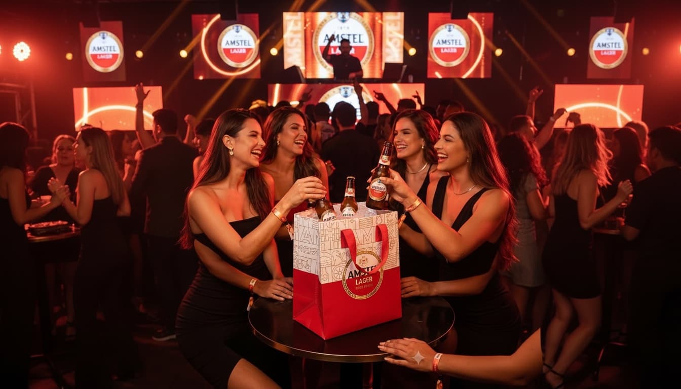 Grupo de pessoas em uma ativação da Amstel com as sacolas vermelhas personalizadas sobre a mesa.