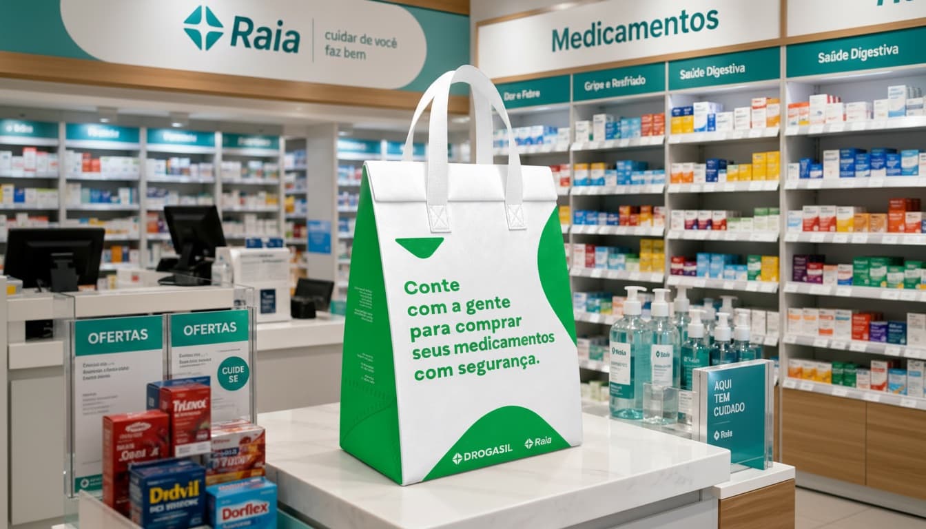 Sacola personalizada da Droga Raia no balcão de uma farmácia da rede.