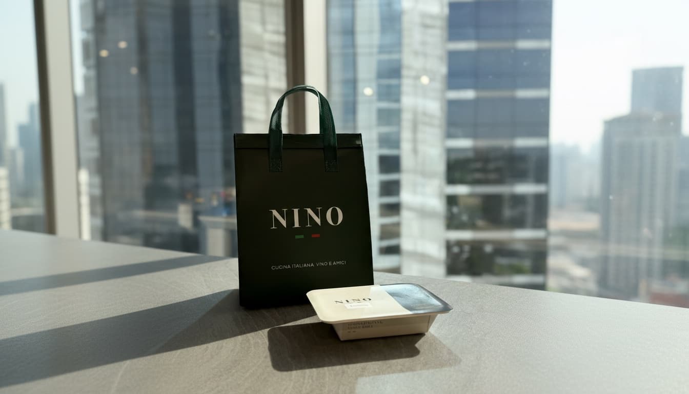Sacola preta com a marca Nino ao lado de uma embalagem de delivery sobre uma mesa, com a cidade ao fundo.